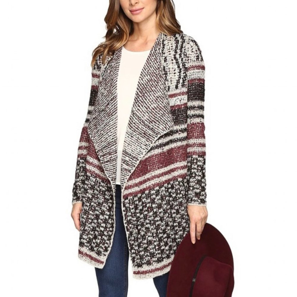 Lucky Brand Waterfall Wool Blend Mixed Print Open Cardigan